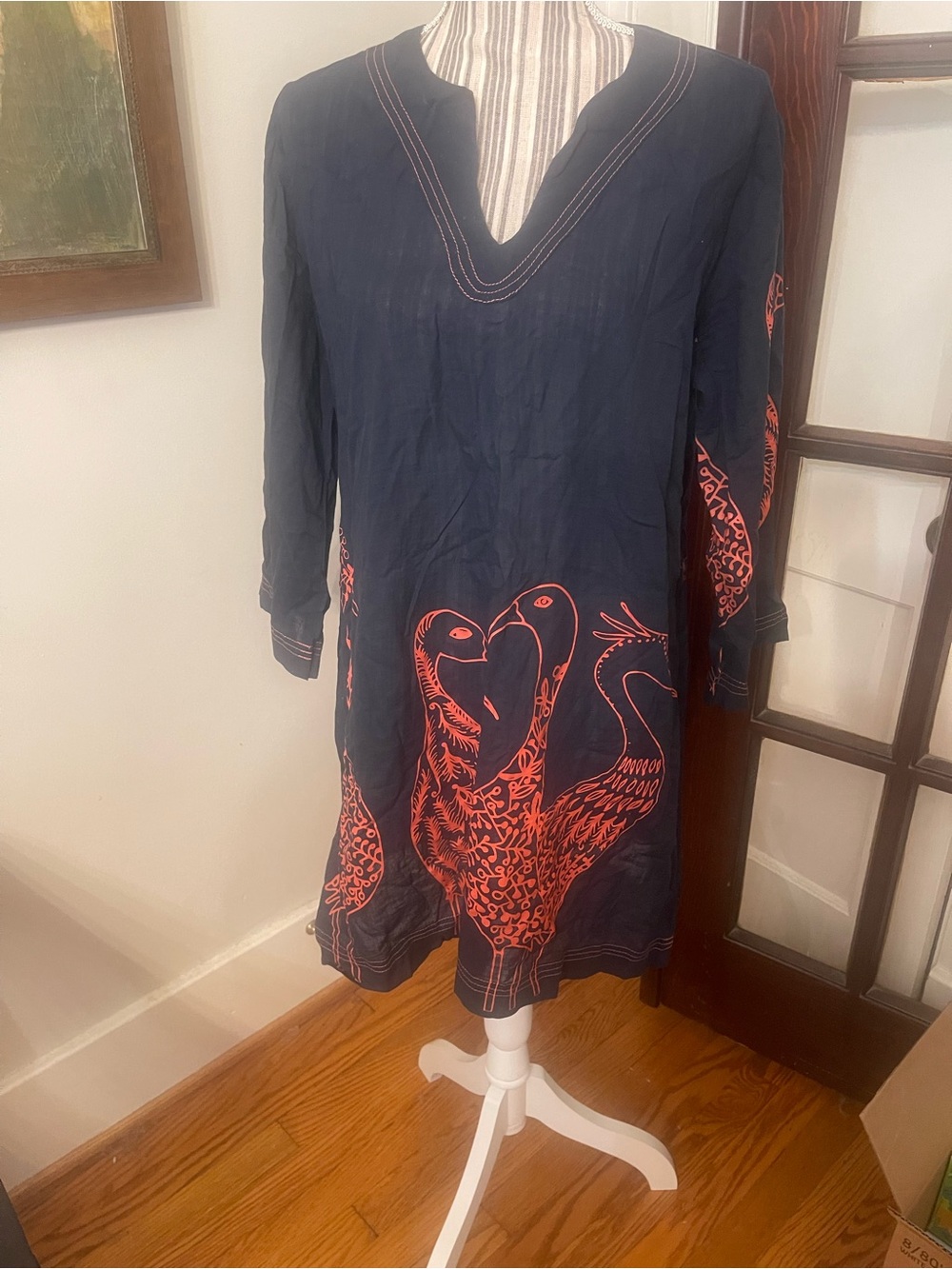 Navy & Coral Bird-Print Swim Coverup Tunic